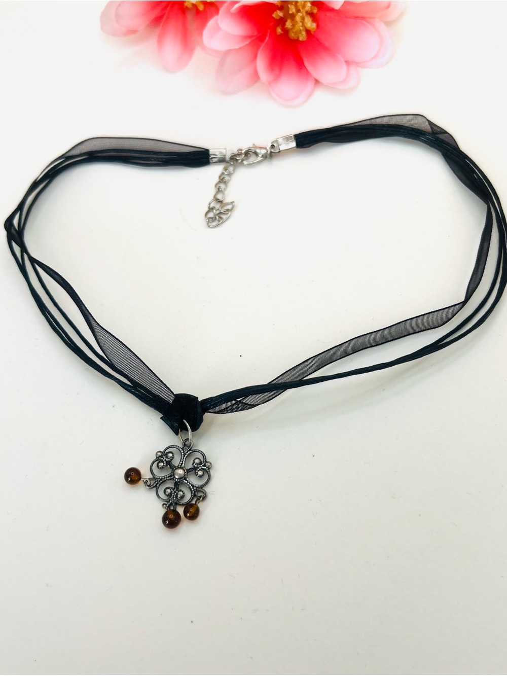 Elegant Black Organza Choker Necklace with Filigree Pendant